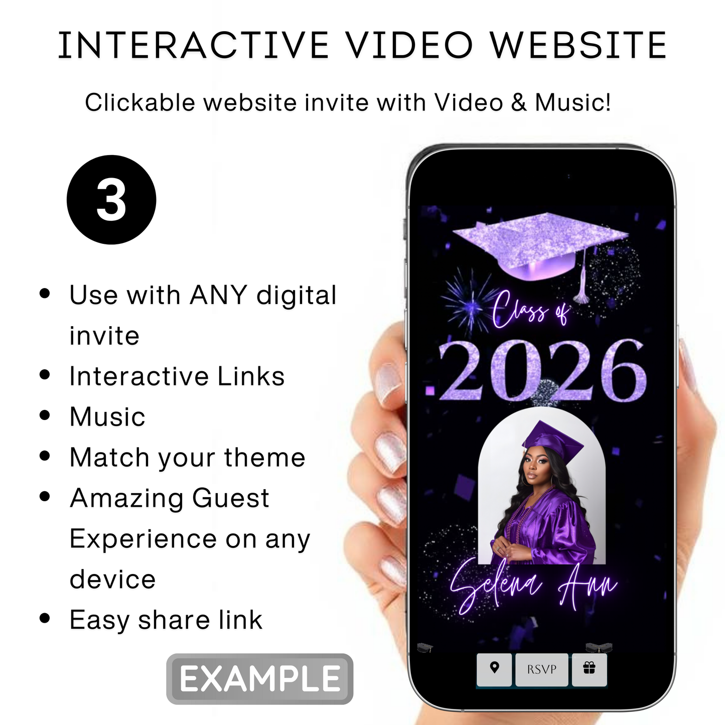 Graduation Party Video Invitation | Purple and Black Graduation Invite for Her | Editable Online RSVP Evite Canva Template