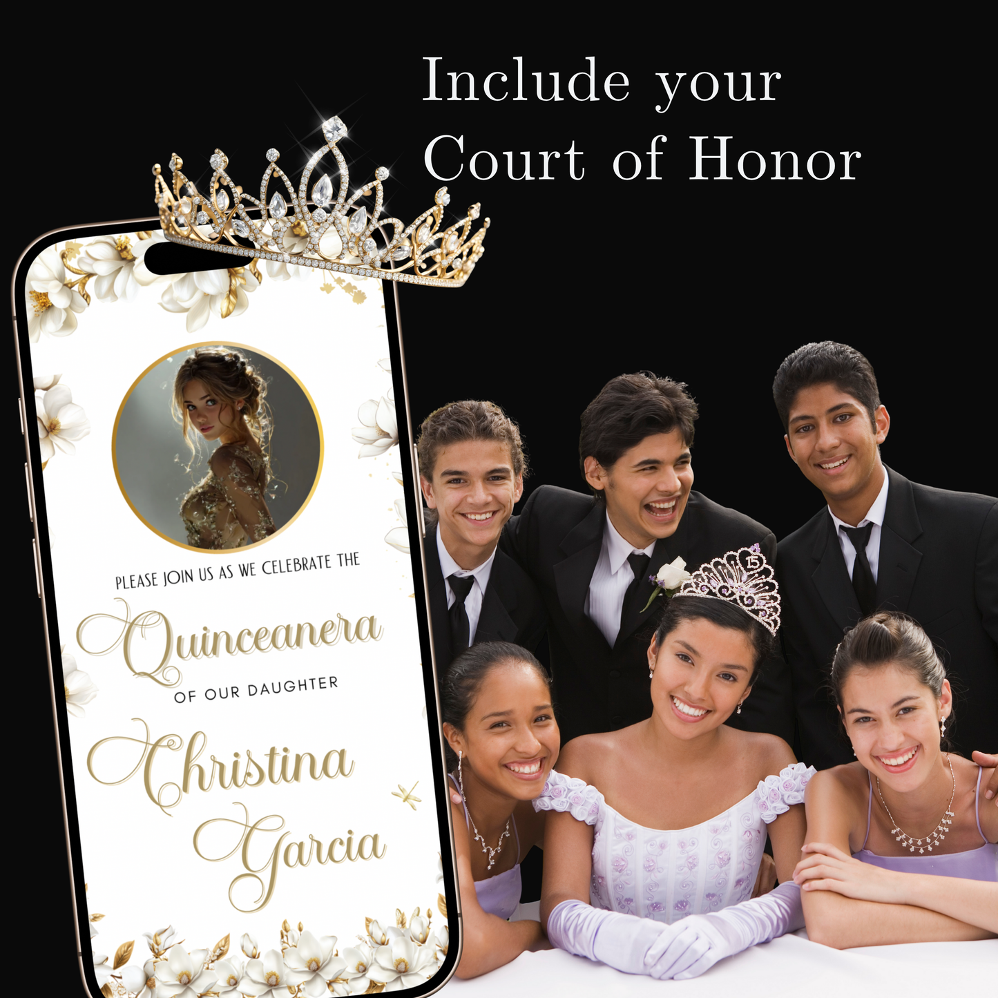 White and Gold Quinceañera Invitation | Royal Princess Video Invite with RSVP Website | Editable Canva Template | Elegant Gold Dress Sweet 16 Digital Evite