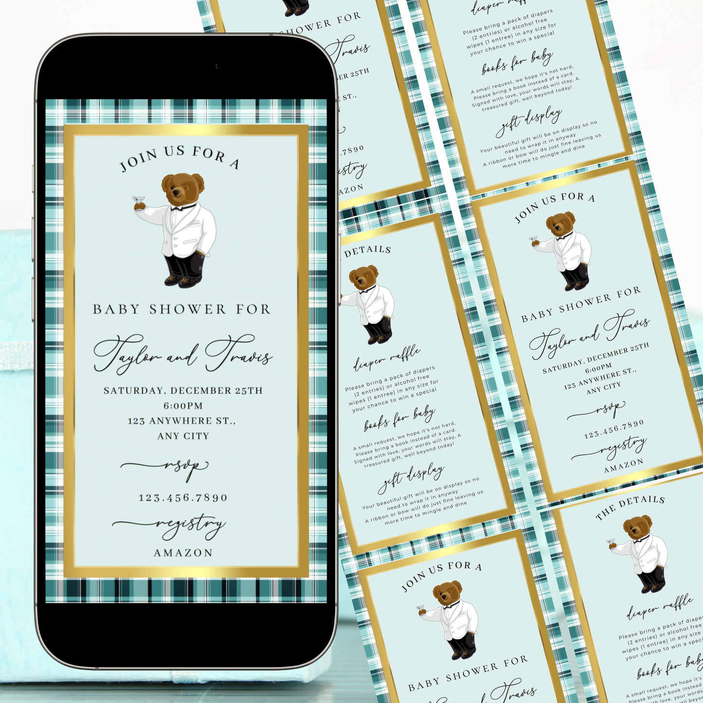 Polo Bear Baby Shower Video Invitation | Digital Tiffany Blue Plaid Invite | Editable Canva Template