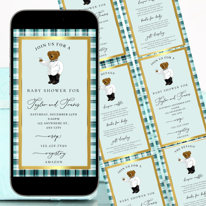 Polo Bear Baby Shower Video Invitation | Digital Tiffany Blue Plaid Invite | Editable Canva Template