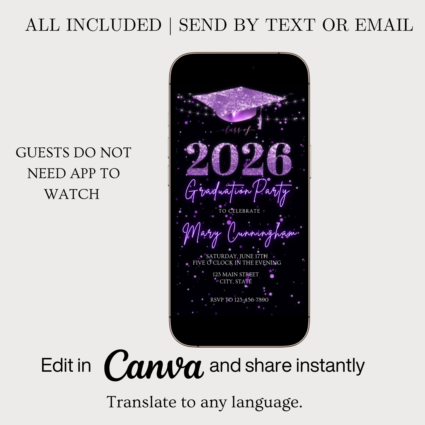 Purple Graduation Party Video Invitation | Class of 2026 Photo Invite | Editable Online RSVP Evite Canva Template