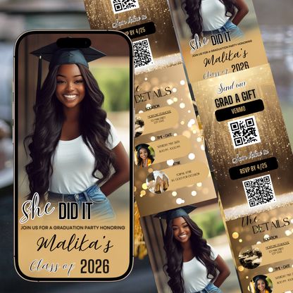 Gold Graduation Party Video Invitation | Digital Graduation Announcement Invite | Editable Canva Evite Template