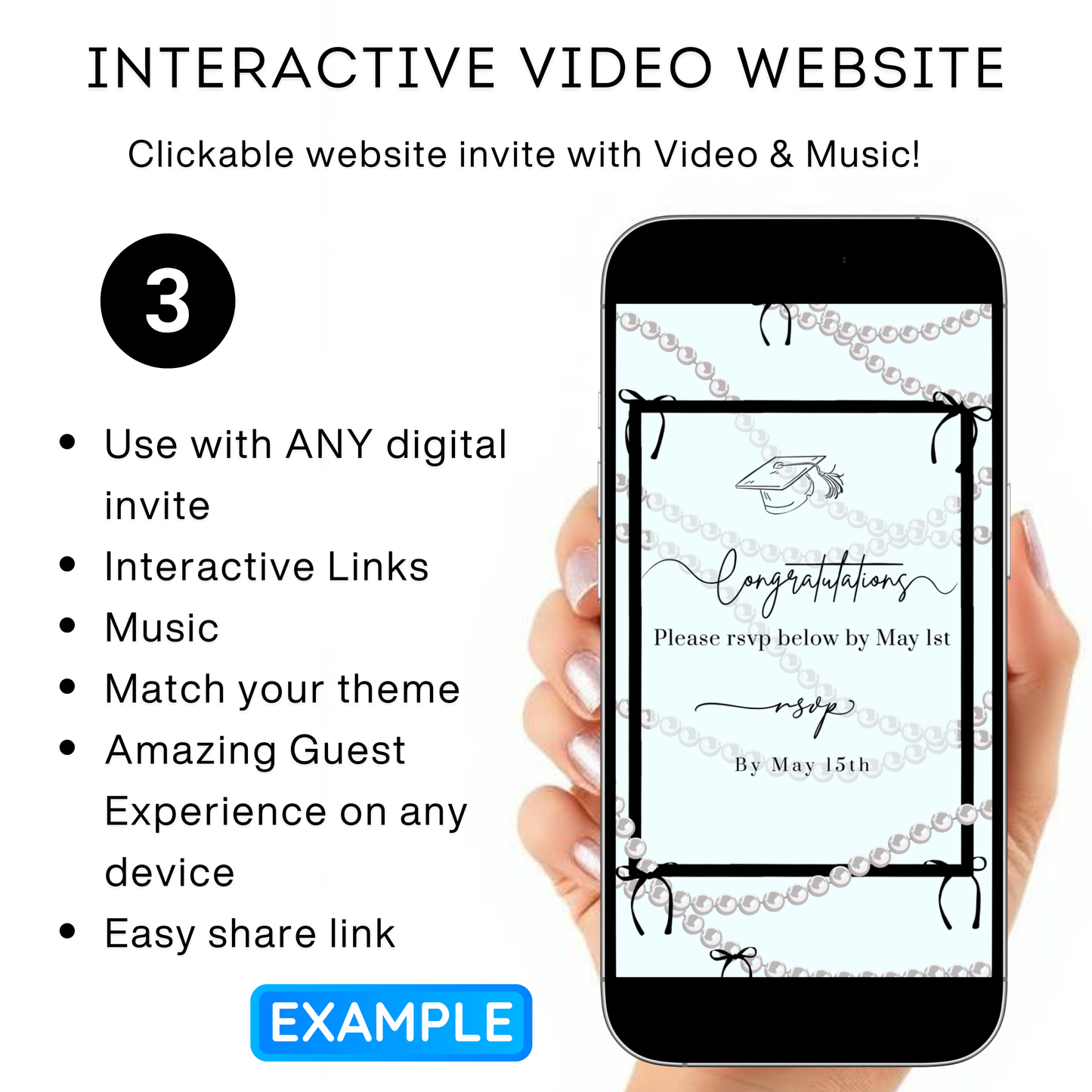 Graduation Party Video Invitation | Light Blue and Black Bow Graduation Invite for Her | Editable Online RSVP Evite Canva Template