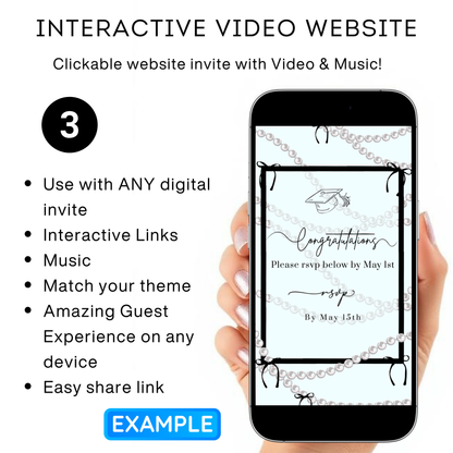 Graduation Party Video Invitation | Light Blue and Black Bow Graduation Invite for Her | Editable Online RSVP Evite Canva Template