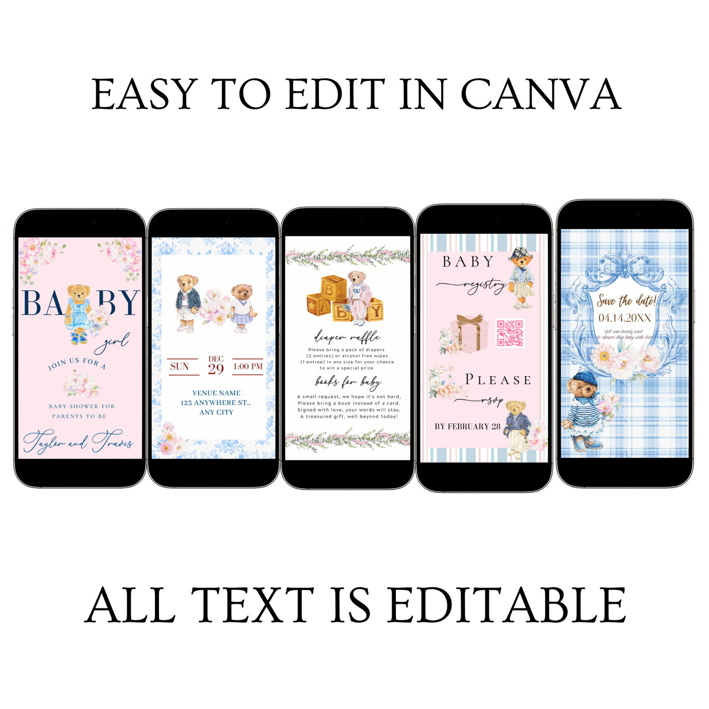 Video-Einladung mit rosa Polobär | Digitale, elegante Frühlingseinladung in Rosa | Bearbeitbare Canva-Vorlage