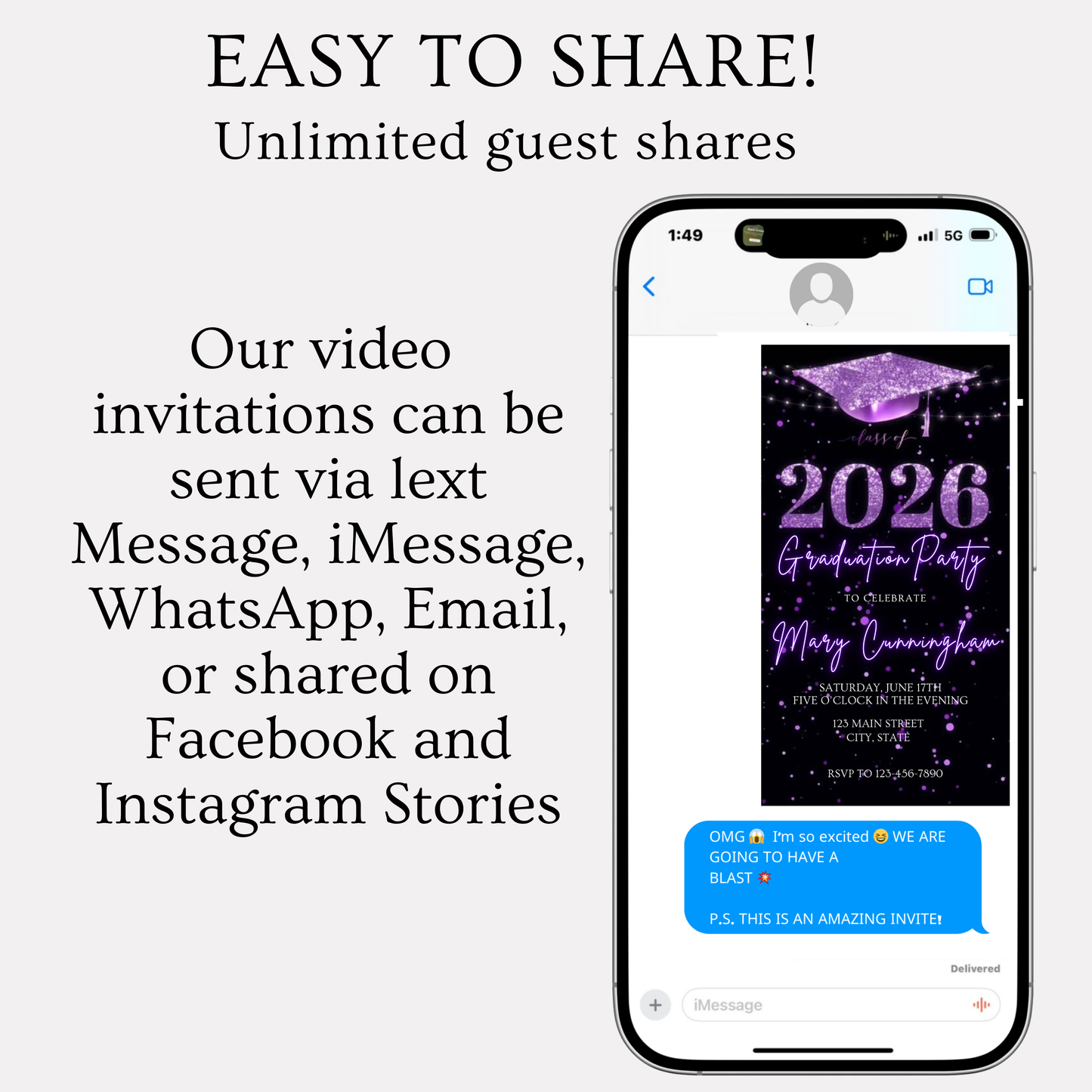 Purple Graduation Party Video Invitation | Class of 2026 Photo Invite | Editable Online RSVP Evite Canva Template