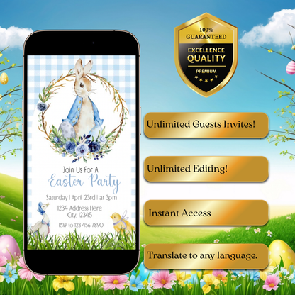 Bearbeitbare Vintage-Einladung mit Hasenmotiv, Märchenbuch-Hasenparty-Einladung, blau-weiß kariert, digital, Ostern, Geburtstag, Babyparty, Teeparty, bearbeitbare E-Einladung