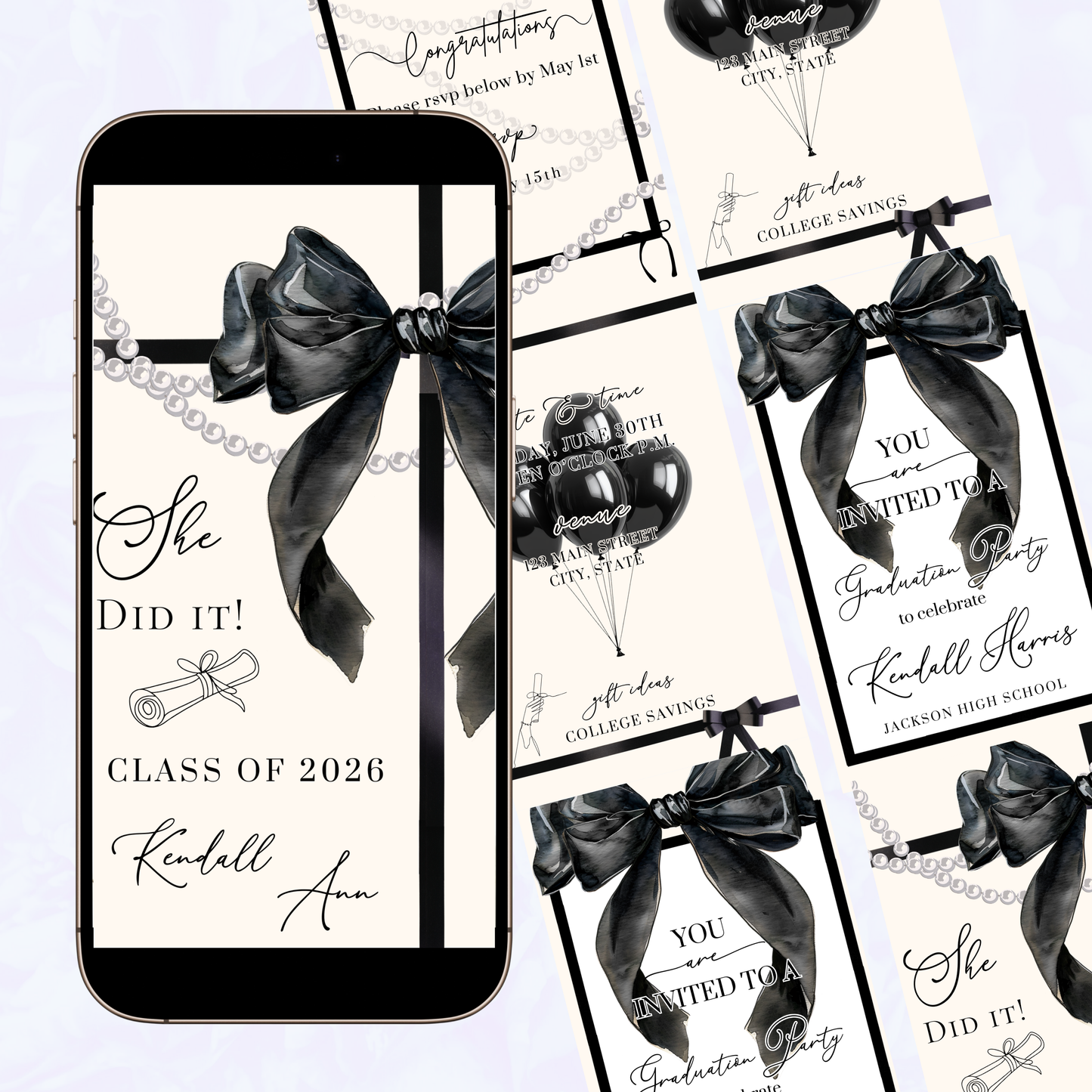 Graduation Party Video Invitation | Cream and Black Bow Graduation Invite for Her | Editable Online RSVP Evite Canva Template