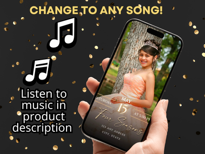 Black and Gold Quinceanera Video Invite | Animated Sweet 15 16 Quince Evite | Editable Canva Evite Template