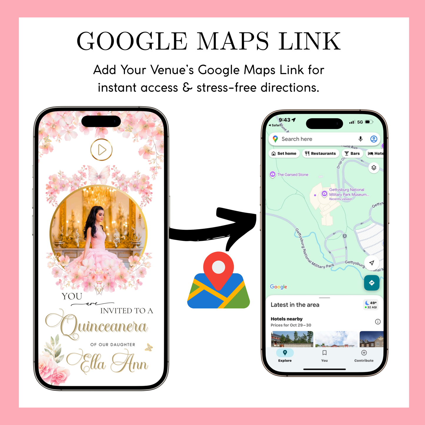 Pink Floral Quinceanera Website Invite |  Sweet 15 16 Evite RSVP Video Invitation | Canva Template