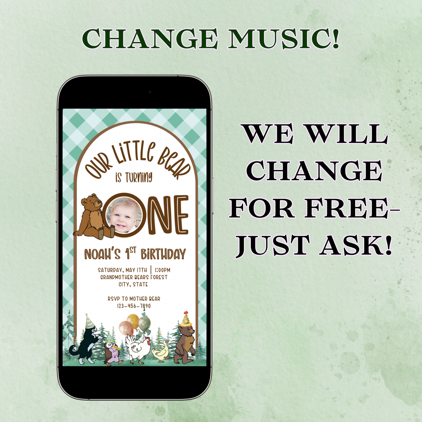 Little Bear Video Invitation, Teddy Bear Baby Shower Invite, First Birthday Bear Party Animated Invite, Editable Mobile Evite with Music & RSVP