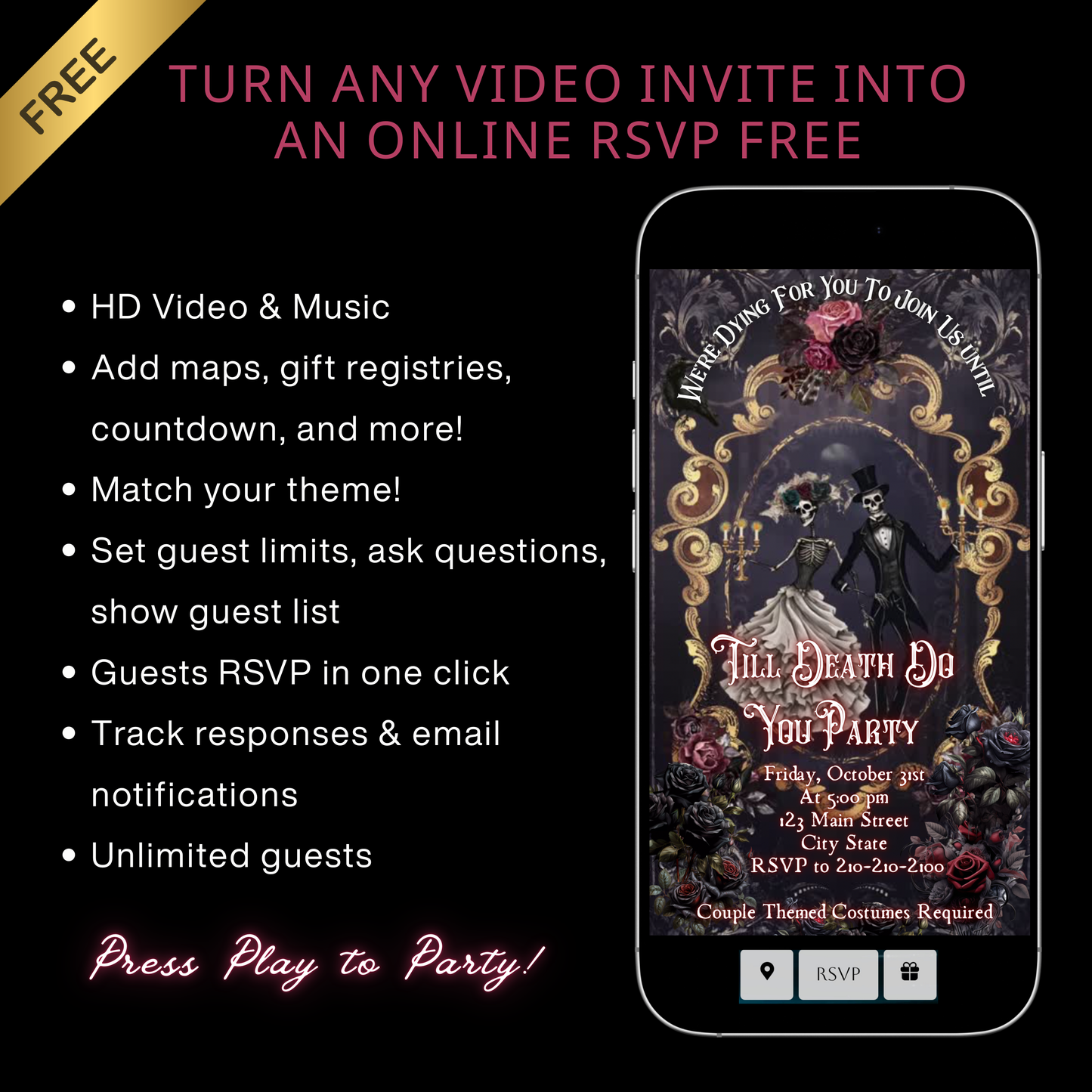 Halloween-Videoeinladung, animierte Halloween-Hochzeitseinladung, bearbeitbare mobile Halloween-Partyeinladung