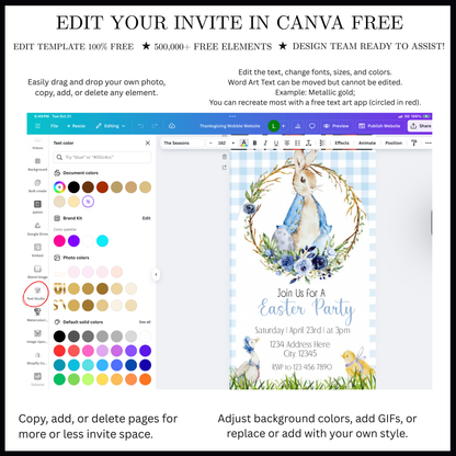 Bearbeitbare Vintage-Einladung mit Hasenmotiv, Märchenbuch-Hasenparty-Einladung, blau-weiß kariert, digital, Ostern, Geburtstag, Babyparty, Teeparty, bearbeitbare E-Einladung