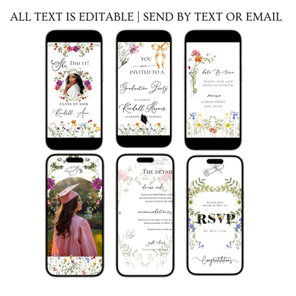 Wildflower Graduation Party Video Invitation | Spring Floral Graduation Invite for Her | Editable Online RSVP Evite Canva Template