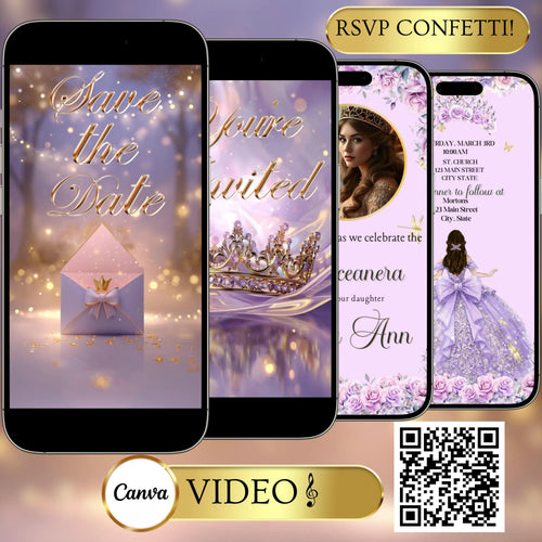 Lilac and Pink Quinceañera Video Invitation Canva Template with envelope opening