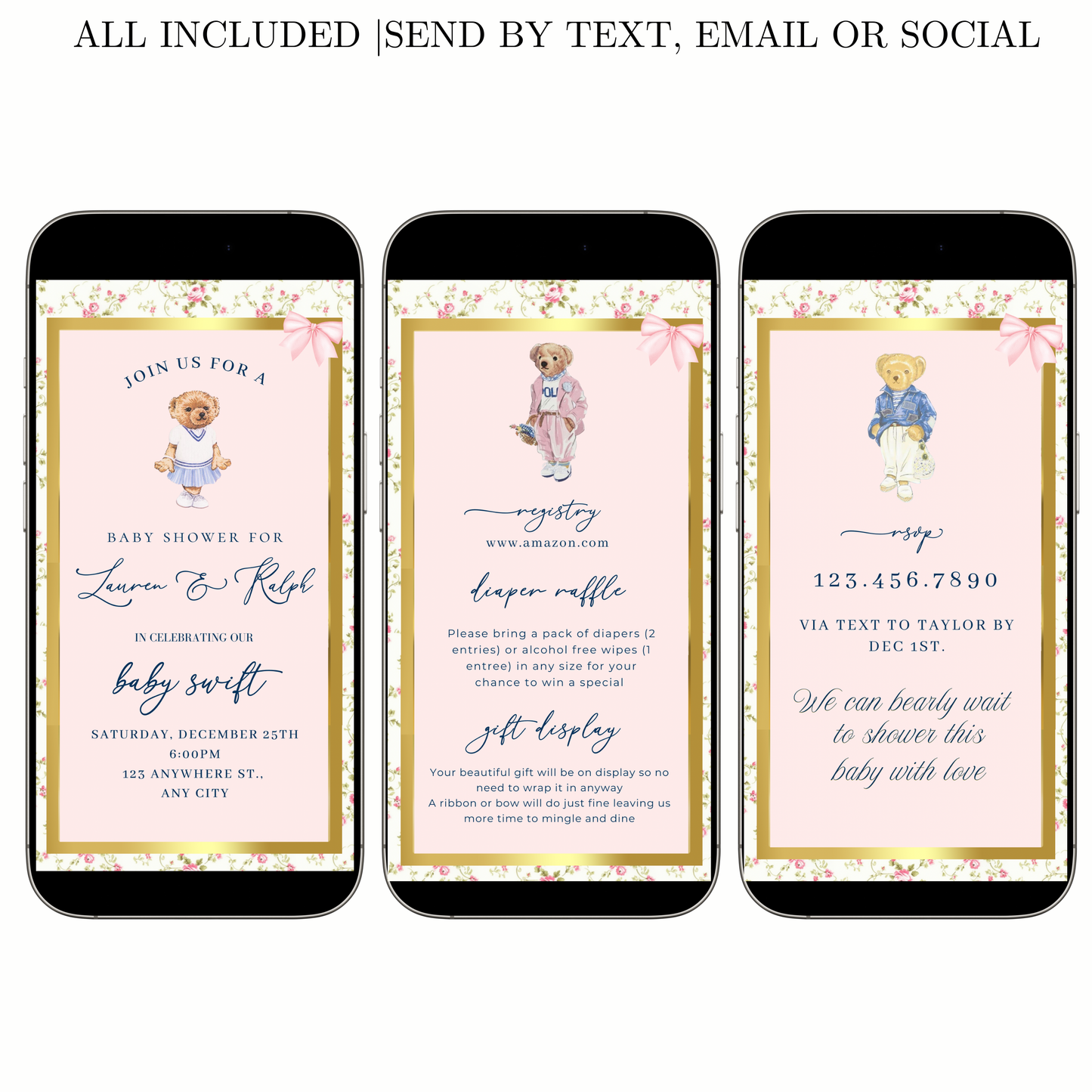 Pink Polo Bear Video Invitation | Digital Preppy Pink Spring RSVP Tracker Invite | Editable Canva Template