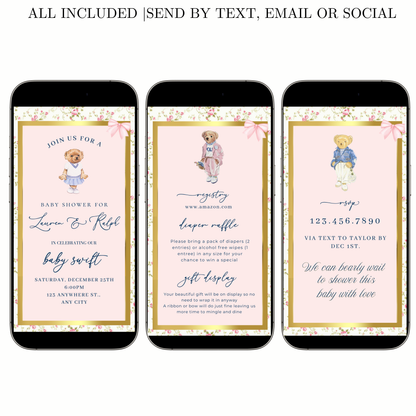 Pink Polo Bear Video Invitation | Digital Preppy Pink Spring RSVP Tracker Invite | Editable Canva Template