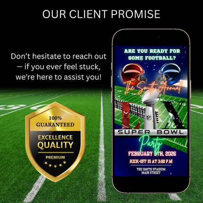 Super Bowl LX Party Video Invitation | Digital Football Game Day Invite | Editable Online Template