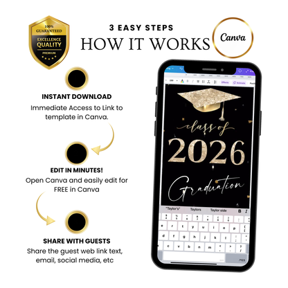 2026 Graduation Party Video Invitation | Digital Gold Graduation Invite | Editable Online RSVP Evite Canva Template