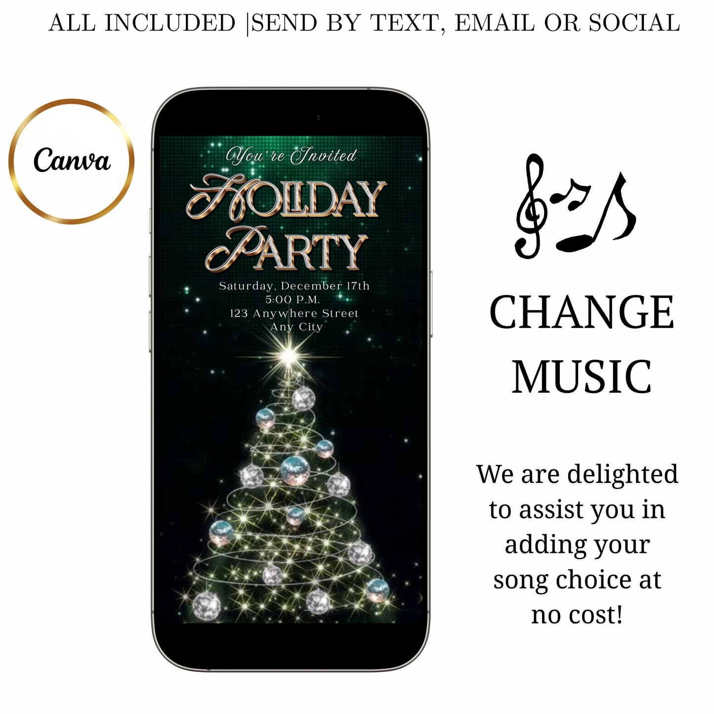 Holiday Party Video Invitation | Editable Canva Christmas Evite with Music