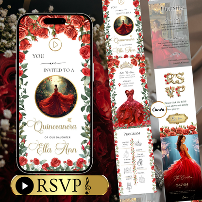 Einladung zur Quinceañera mit roten Rosen | Einladung zur Sweet 15/16 mit RSVP-Tracking | Canva-Vorlage