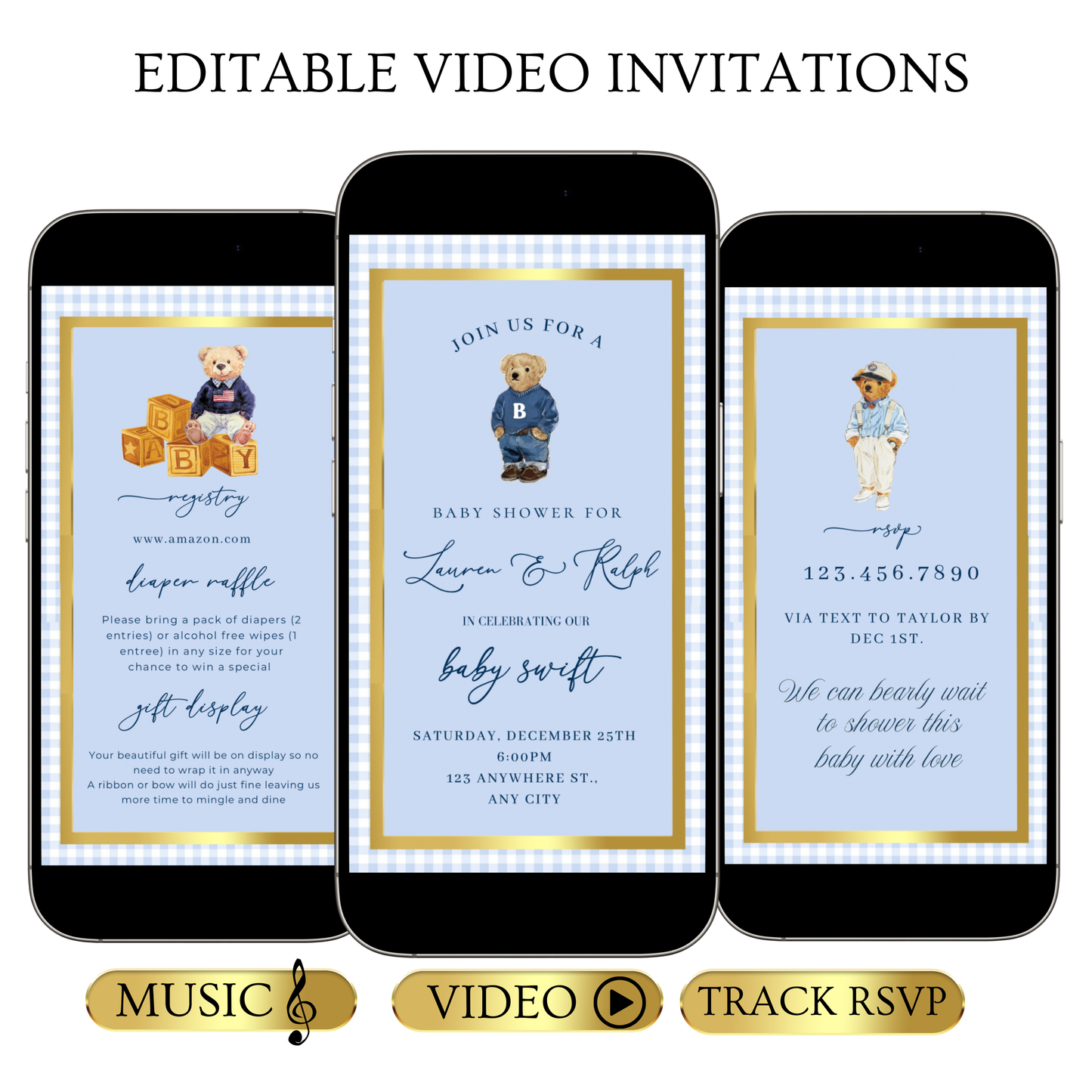 Polo Bear Video Invitation | Digital Preppy Blue Boy Baby Shower RSVP Tracker Invite | Editable Canva Template