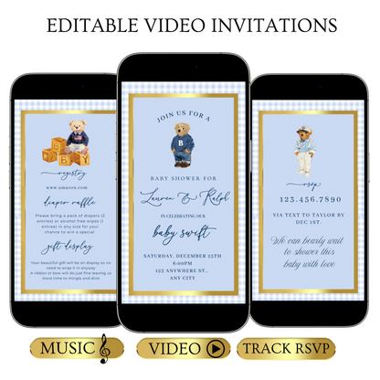 Polo Bear Video Invitation | Digital Preppy Blue Boy Baby Shower RSVP Tracker Invite | Editable Canva Template