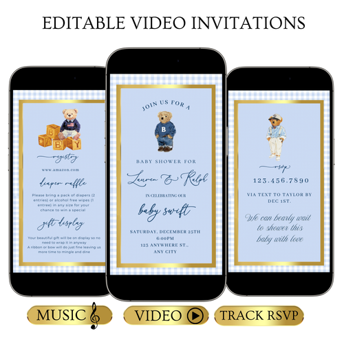 Polo Bear Video Invitation | Digital Preppy Blue Boy Baby Shower RSVP Tracker Invite | Editable Canva Template