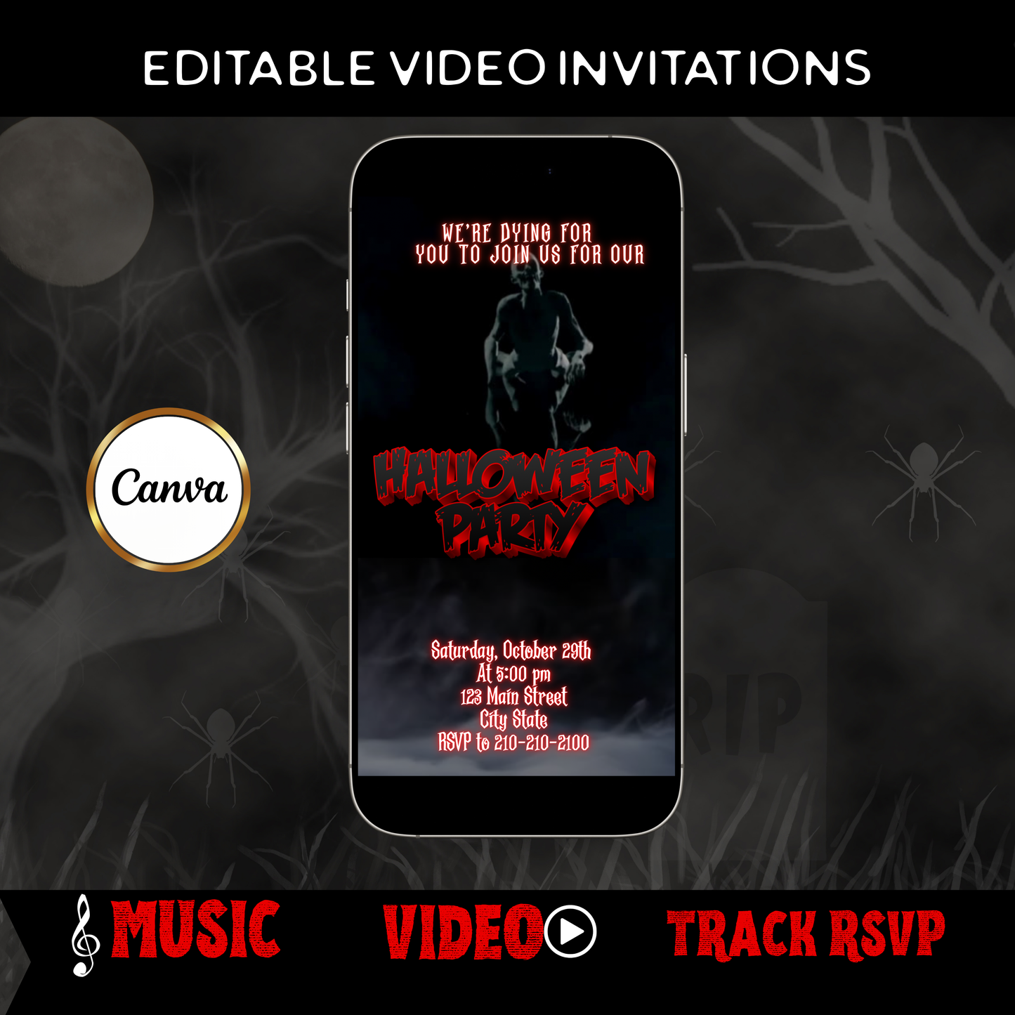 Halloween-Videoeinladung, animierte Zombie-Einladung, bearbeitbare mobile Einladung zur Halloween-Party