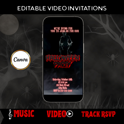 Halloween-Videoeinladung, animierte Zombie-Einladung, bearbeitbare mobile Einladung zur Halloween-Party