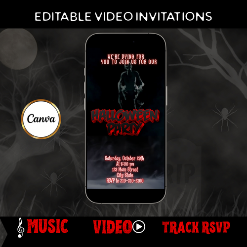 Halloween-Videoeinladung, animierte Zombie-Einladung, bearbeitbare mobile Einladung zur Halloween-Party