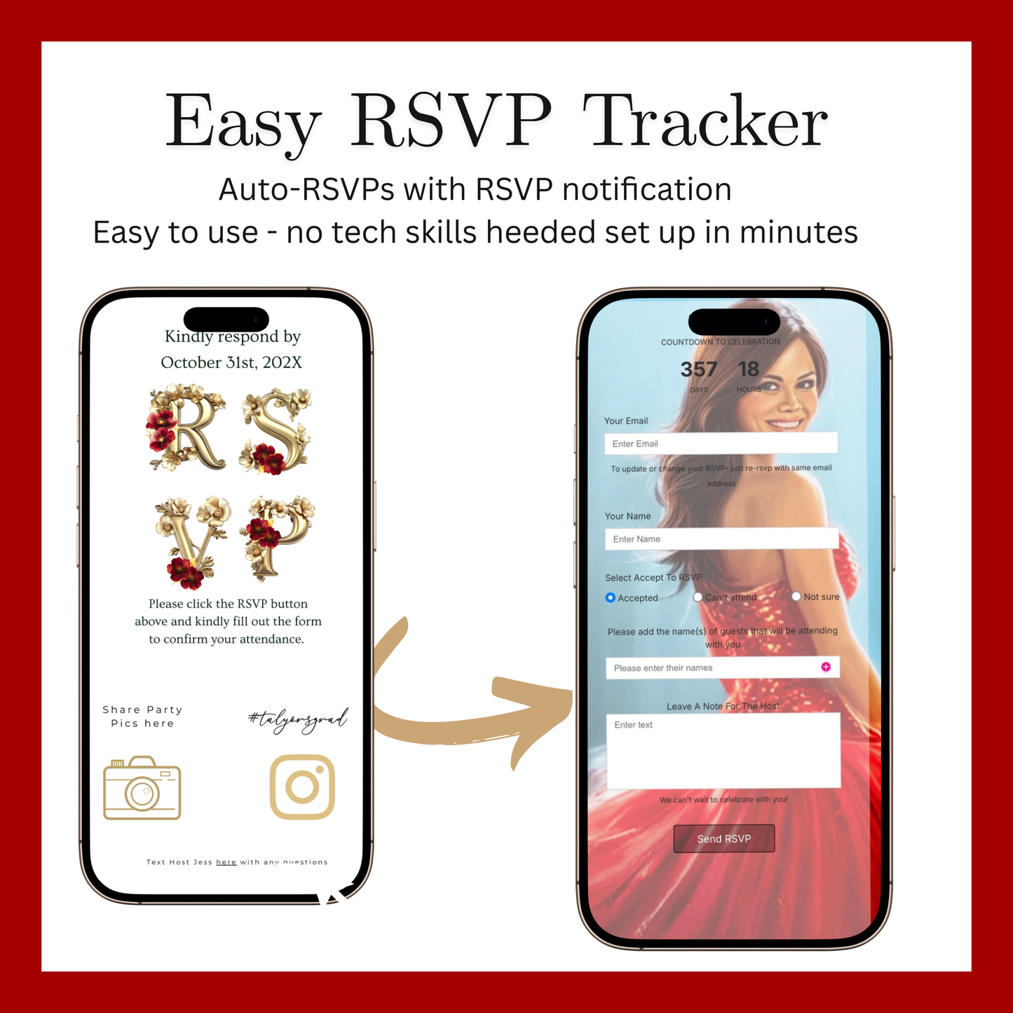 Red Quinceanera mini-Website RSVP tracker| Animated Sweet 15 16 Video Invitation | Canva Template