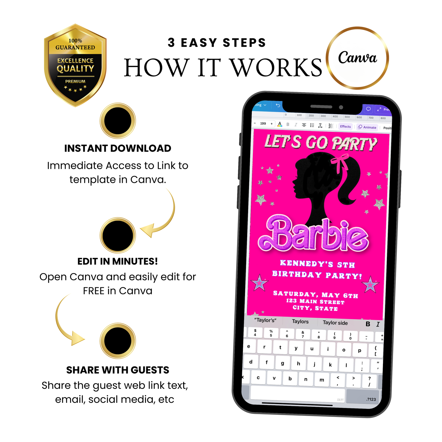 Editable Barbie Video Invitation | Animated Pink Barbie Digital Evite | Editable Canva Invite Template