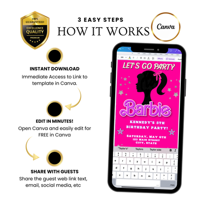 Editable Barbie Video Invitation | Animated Pink Barbie Digital Evite | Editable Canva Invite Template