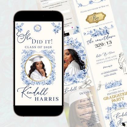 Einladung zur Abschlussfeier 2026 | Canva-Vorlage für Antwortmöglichkeit mit Musik | Blaues Blumenmuster für sie