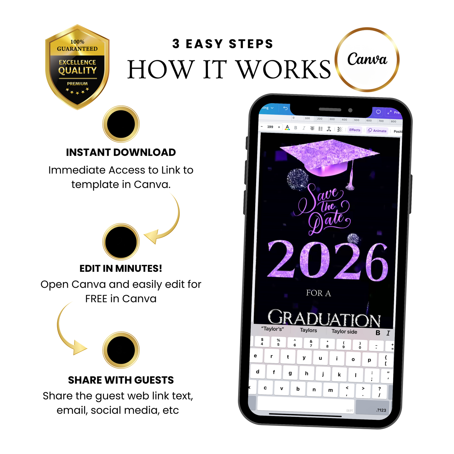 2026 Graduation Party Video Invitation | Digital Purple Graduation Invite | Editable Online RSVP Evite Canva Template