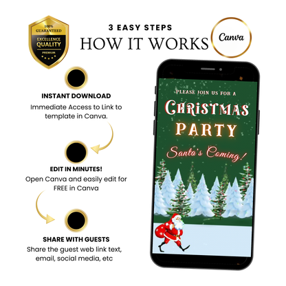 Christmas Party Video Invitation | Animated Santa Digital Evite | Editable Canva Invite Template