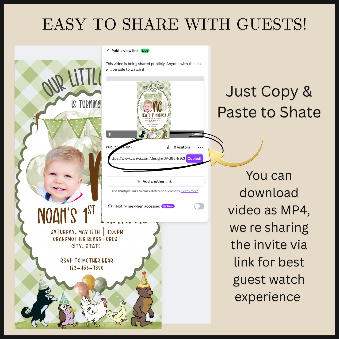 Little Bear Video Invitation Canva Template, Teddy Bear Baby Shower Invite, First Birthday Bear Party Animated Invite, Editable Mobile Evite with Music & RSVP