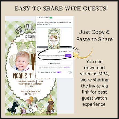 Little Bear Video Invitation Canva Template, Teddy Bear Baby Shower Invite, First Birthday Bear Party Animated Invite, Editable Mobile Evite with Music & RSVP