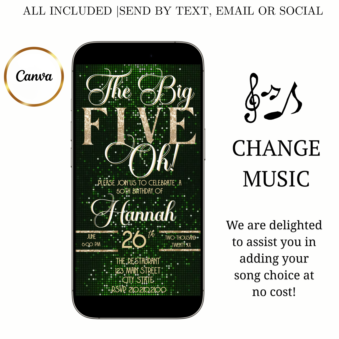 Green and Gold 50th Birthday Video Invitation –  RSVP tracking website - Editable Canva Animated Invite