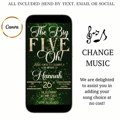 Green and Gold 50th Birthday Video Invitation –  RSVP tracking website - Editable Canva Animated Invite