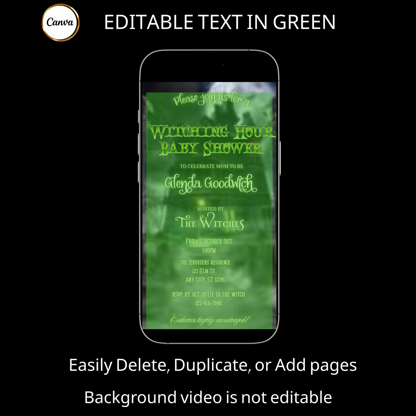 Halloween-Videoeinladung, animierte Einladung zur Babyparty, bearbeitbare mobile Einladung zur Halloween-Party