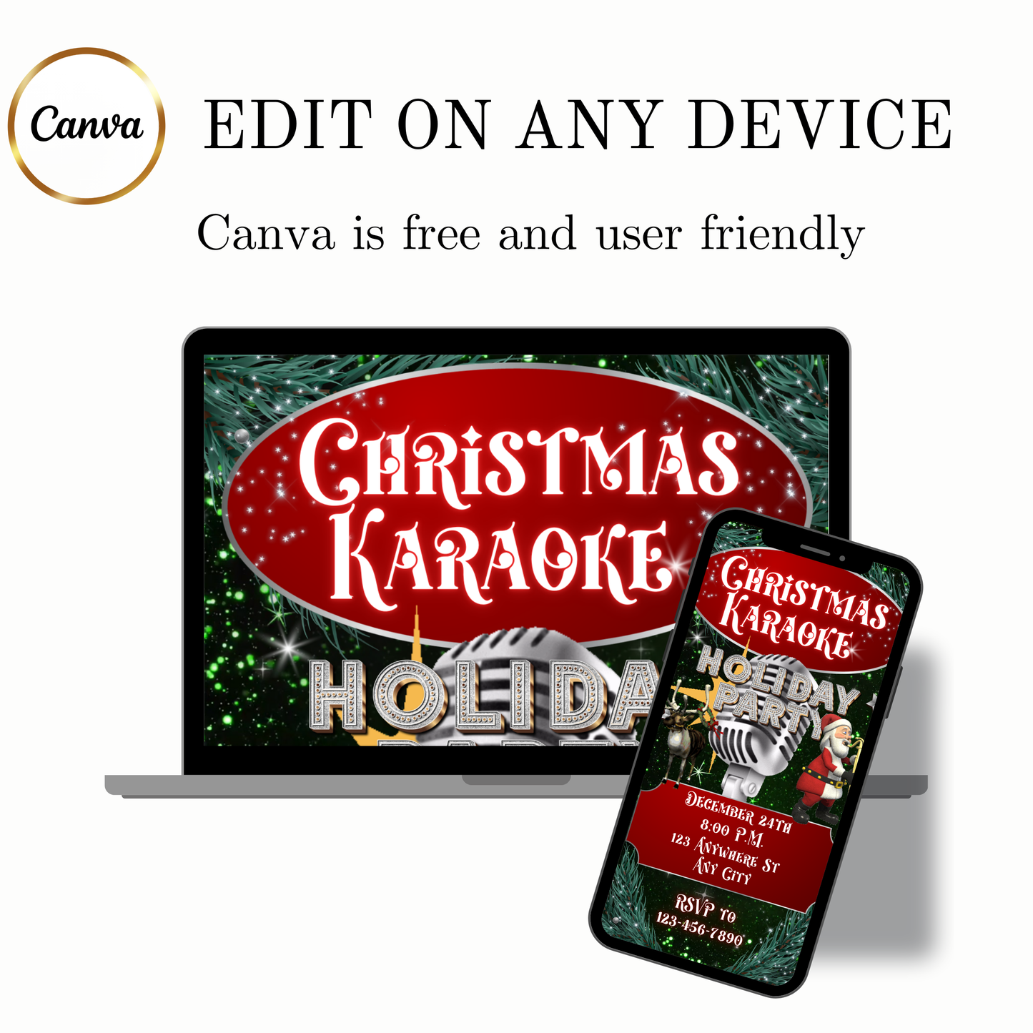 Christmas Karaoke Party Video Invitation | Animated Holiday Party Digital Evite | Editable Canva Invite Template