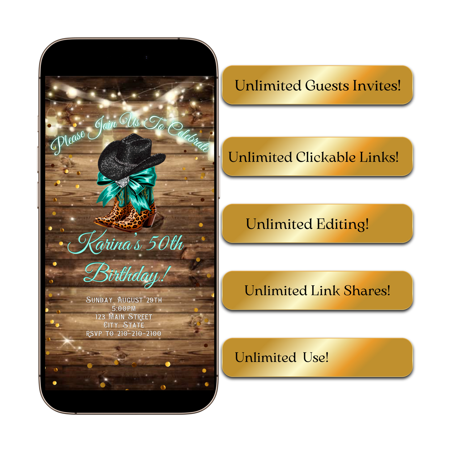 Turquoise Boots and Bling Video Invitation | Rustic Western Theme Digital Evite | Editable Canva Template
