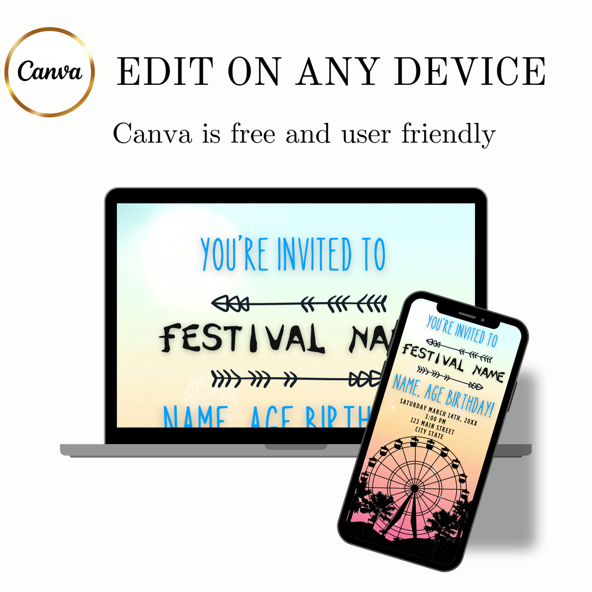 Editable Coachella Video Invitation | Mobile Music Festival Birthday Animated Invite | Canva Video Evite Template