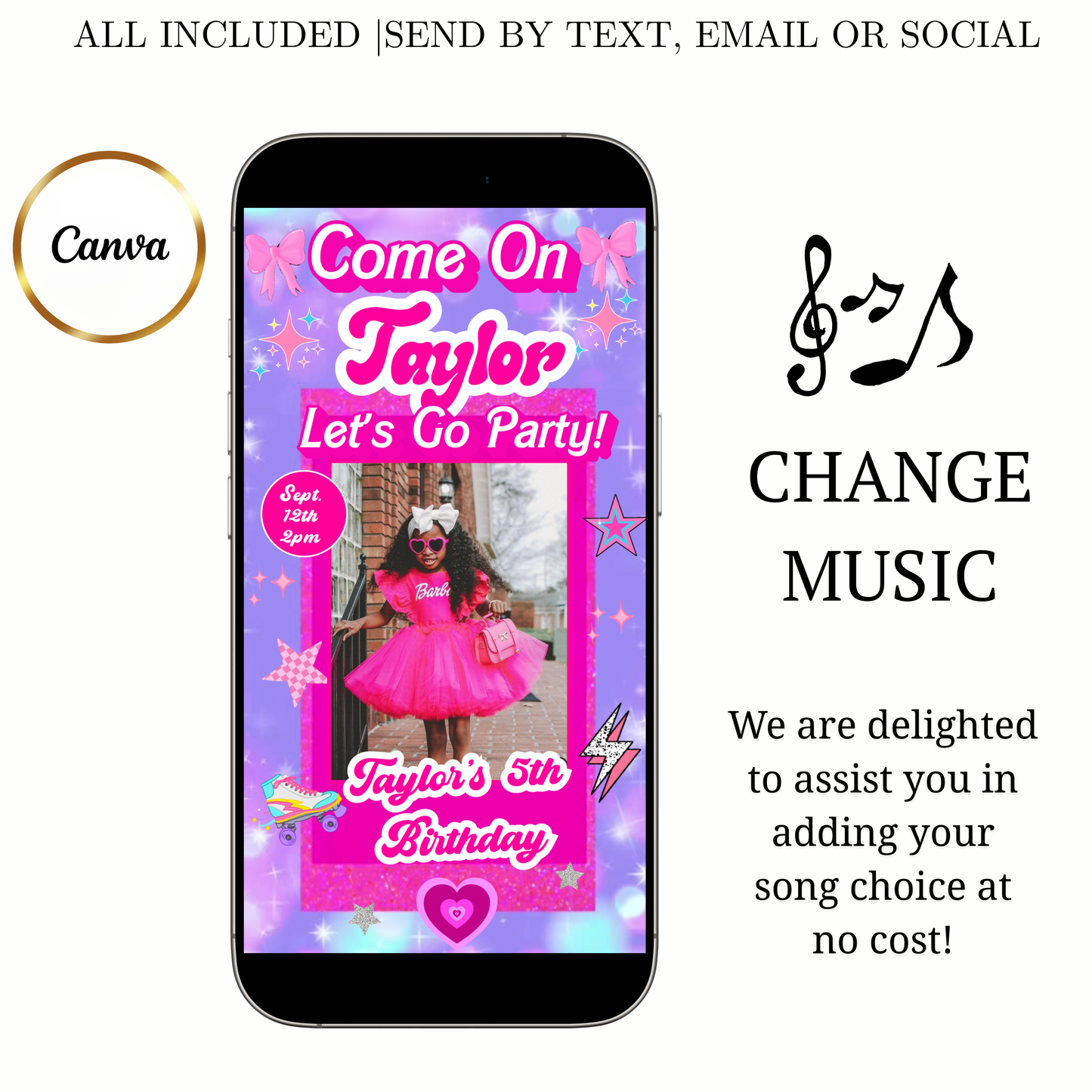 Editable Barbie Video Invitation | Animated Pink Barbie Digital Evite | Editable Canva Invite Template