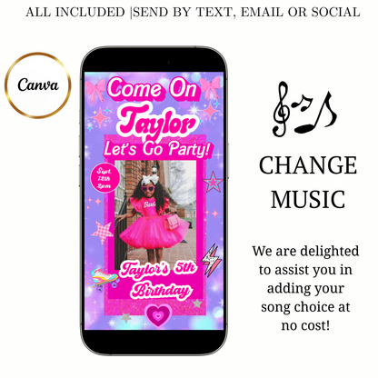 Editable Barbie Video Invitation | Animated Pink Barbie Digital Evite | Editable Canva Invite Template