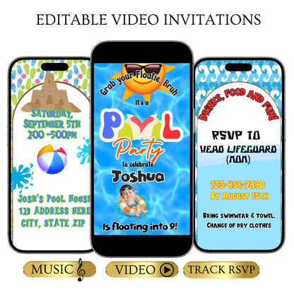 Pool Party Video Invitation | Digital Boy Birthday Invite | Editable Canva Evite Template