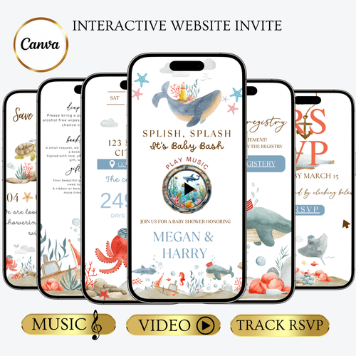 Under the Sea Baby Shower Website with RSVP | Ocean Animal Canva Template Invite