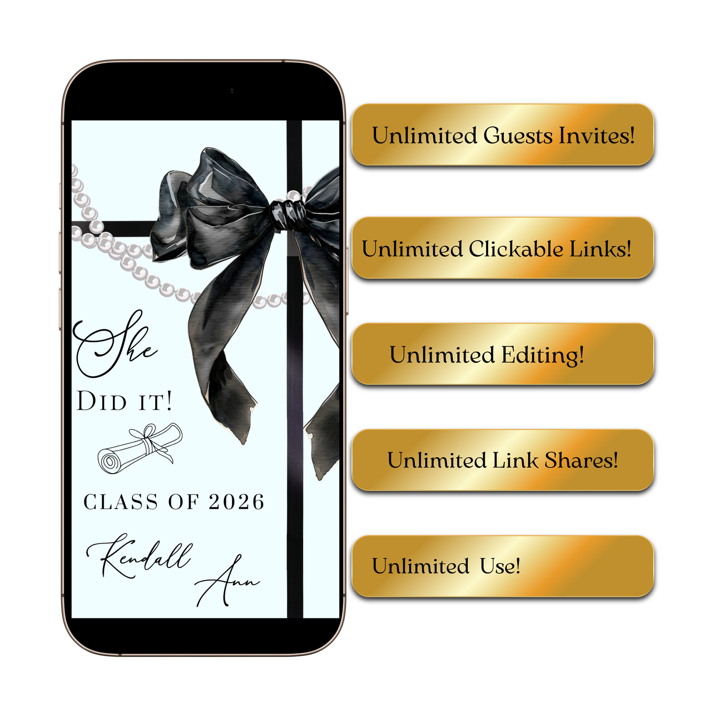 Graduation Party Video Invitation | Light Blue and Black Bow Graduation Invite for Her | Editable Online RSVP Evite Canva Template